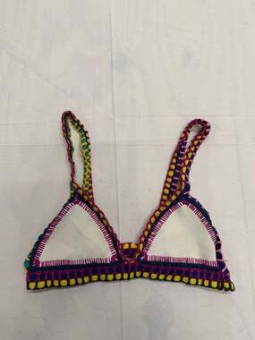 Kiini Yaz Crochet-Trim Bikini Top in White/Multi